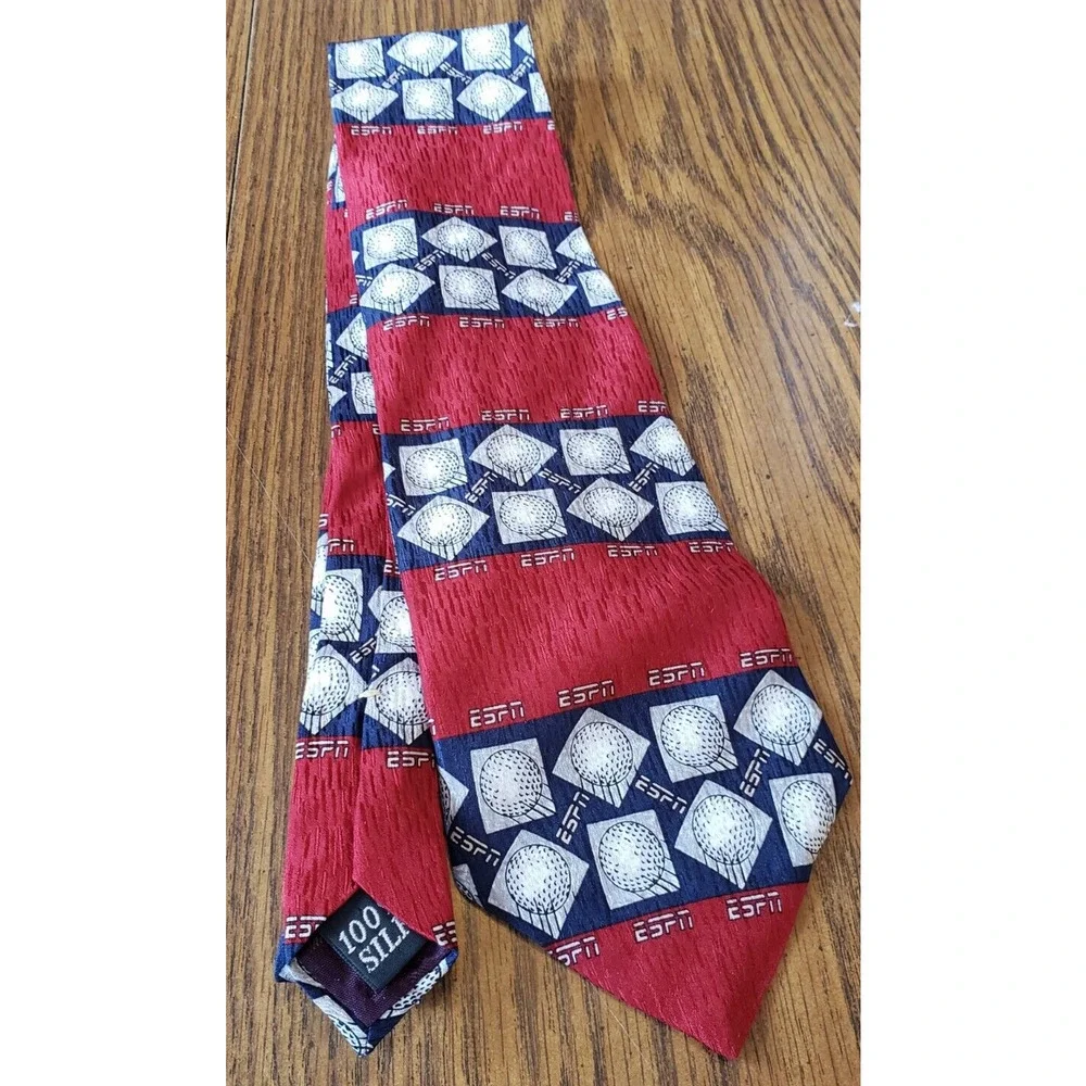 ESPN Golf Sports Red And Blue Striped 100% Pure Silk Necktie Tie